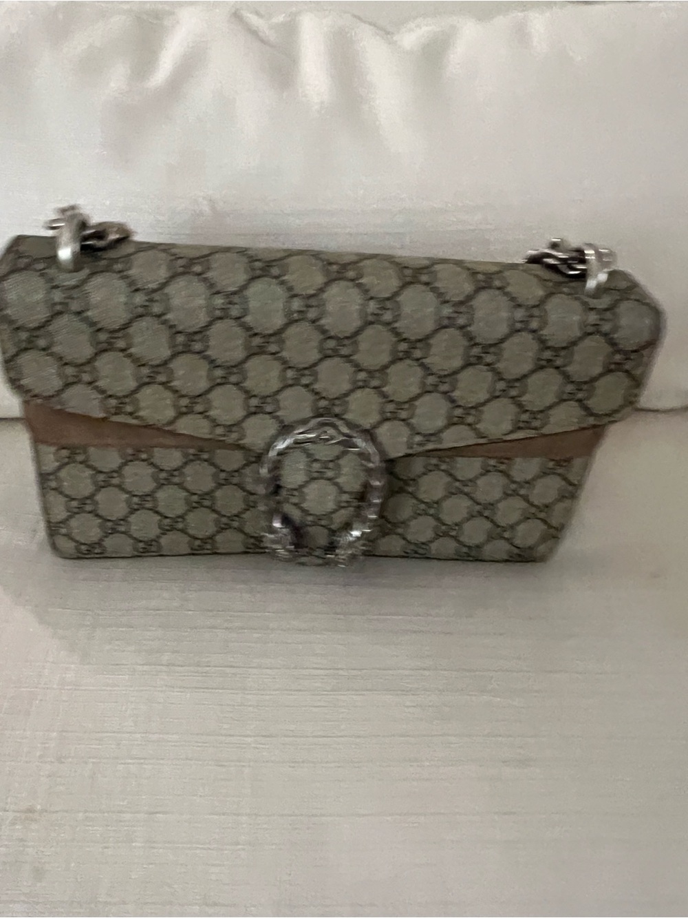 Gucci Beige GG Supreme Shoulder Bag with Tan Trim and Silver Hardware